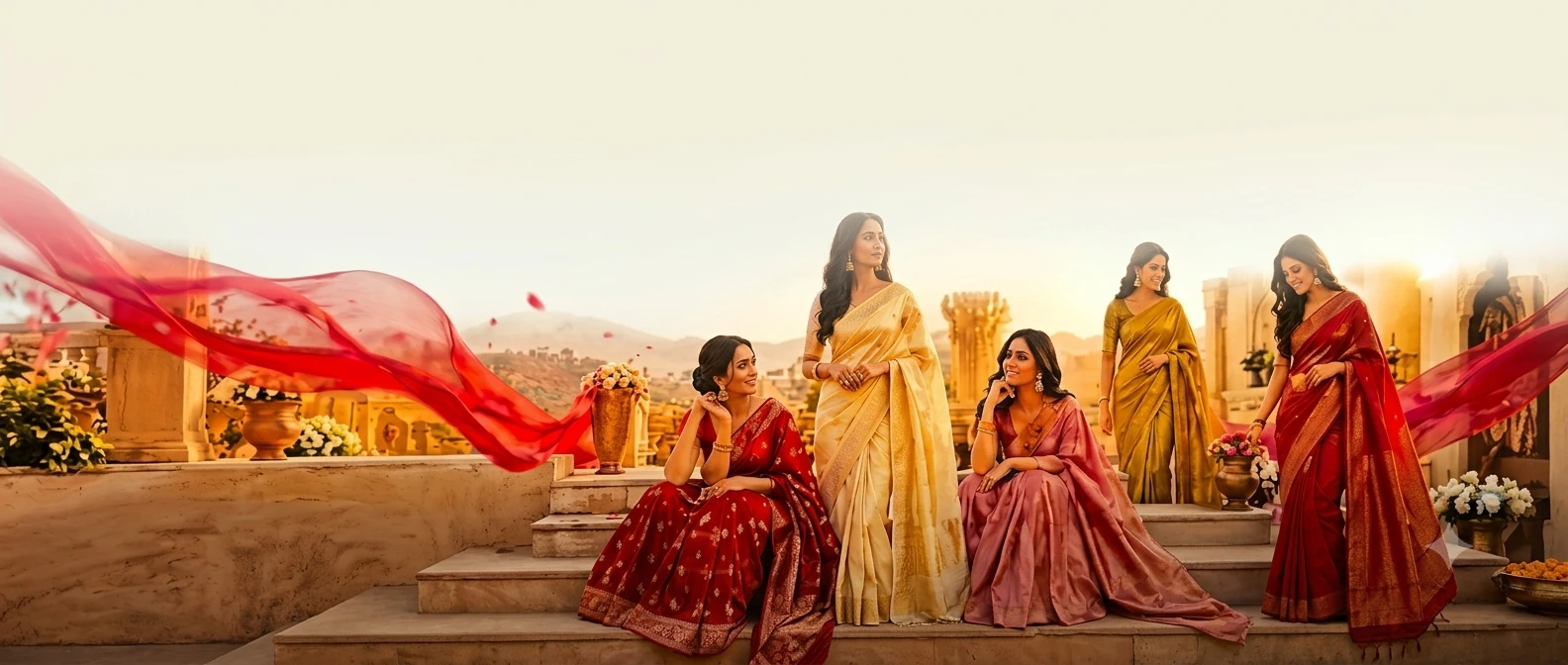 Five women in silk sarees on the steps of a palace terrace at golden hour, with red silk drapes lifting in the breeze